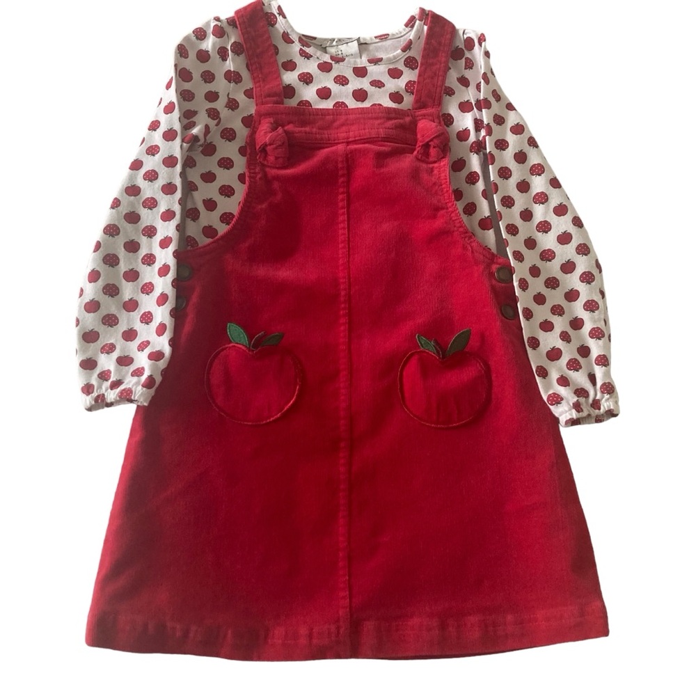Max Studio Kids Red Corduroy Jumper Apple Pockets Red Apples Cream Top Size 5